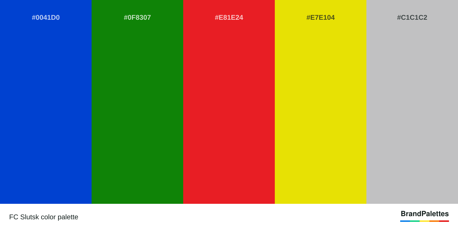 FC Slutsk color palette with Crayola’S Absolute Zero #0041D0, India Green #0F8307, Lust #E81E24, Peridot #E7E104, Silver Sand #C1C1C2
