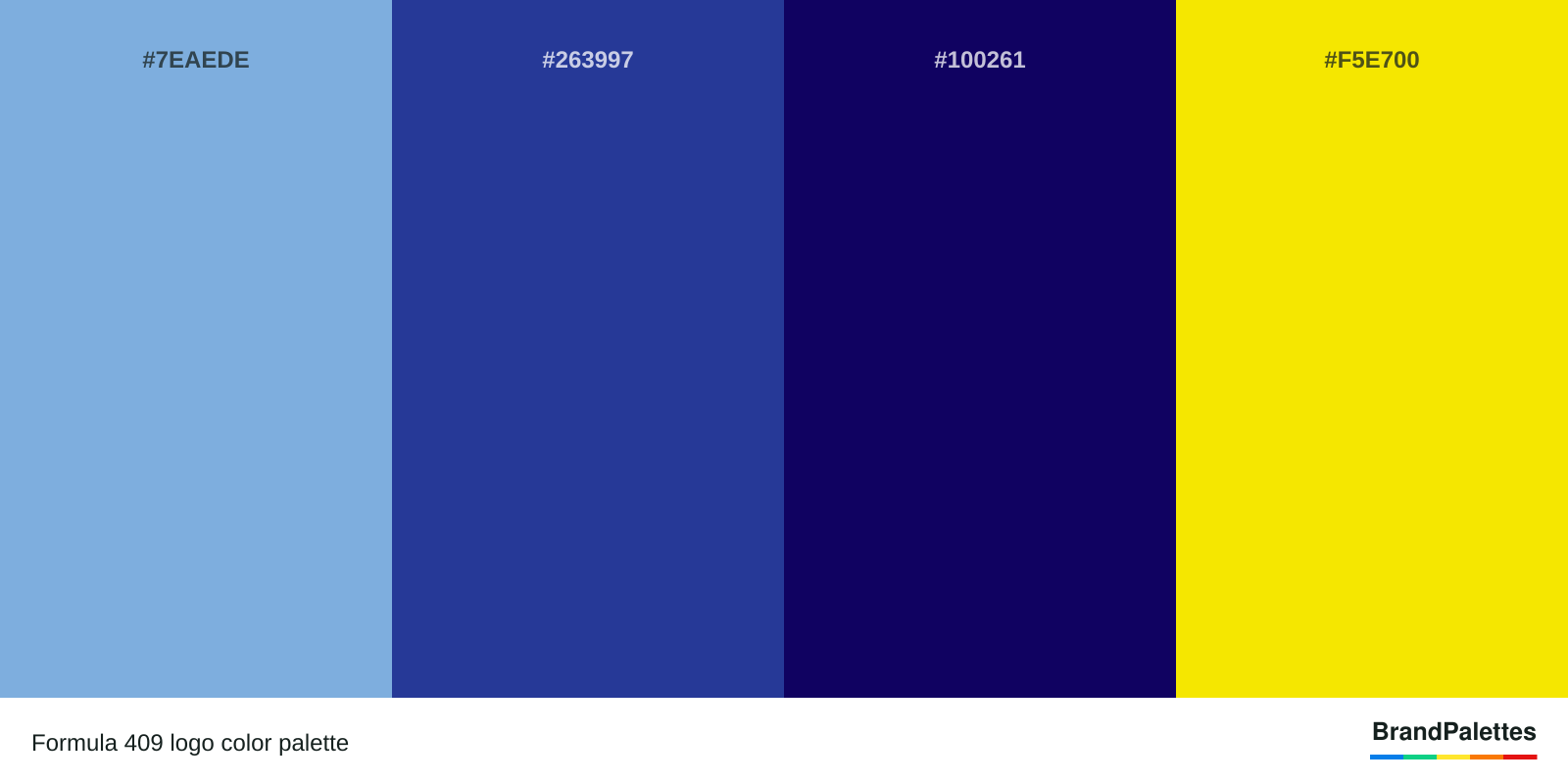 Formula 409 color palette with Light Cobalt Blue #7EAEDE, Pigment Blue #263997, Navy Blue #100261, Titanium Yellow #F5E700