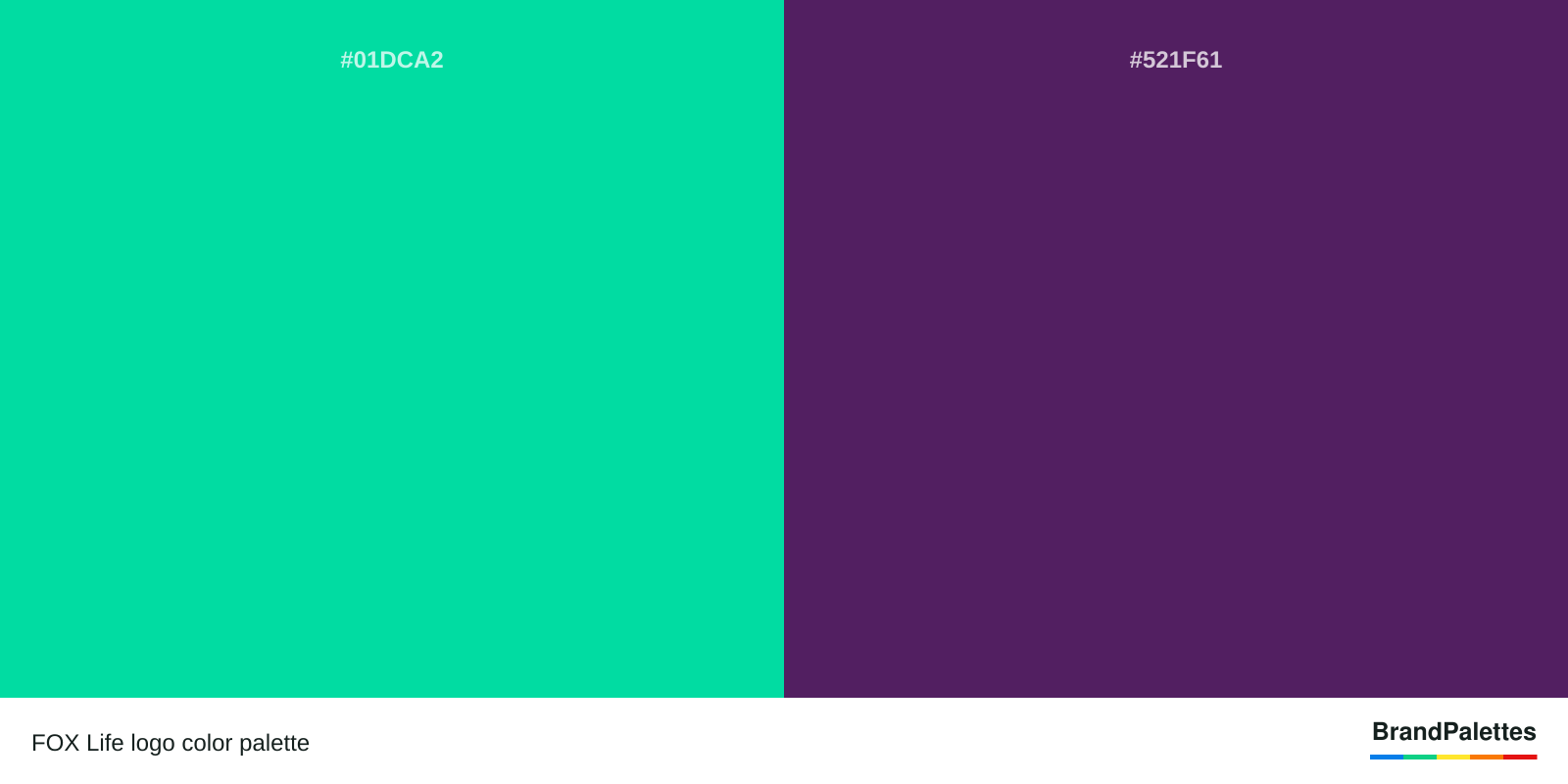 FOX Life color palette with Caribbean Green #01DCA2, American Purple #521F61