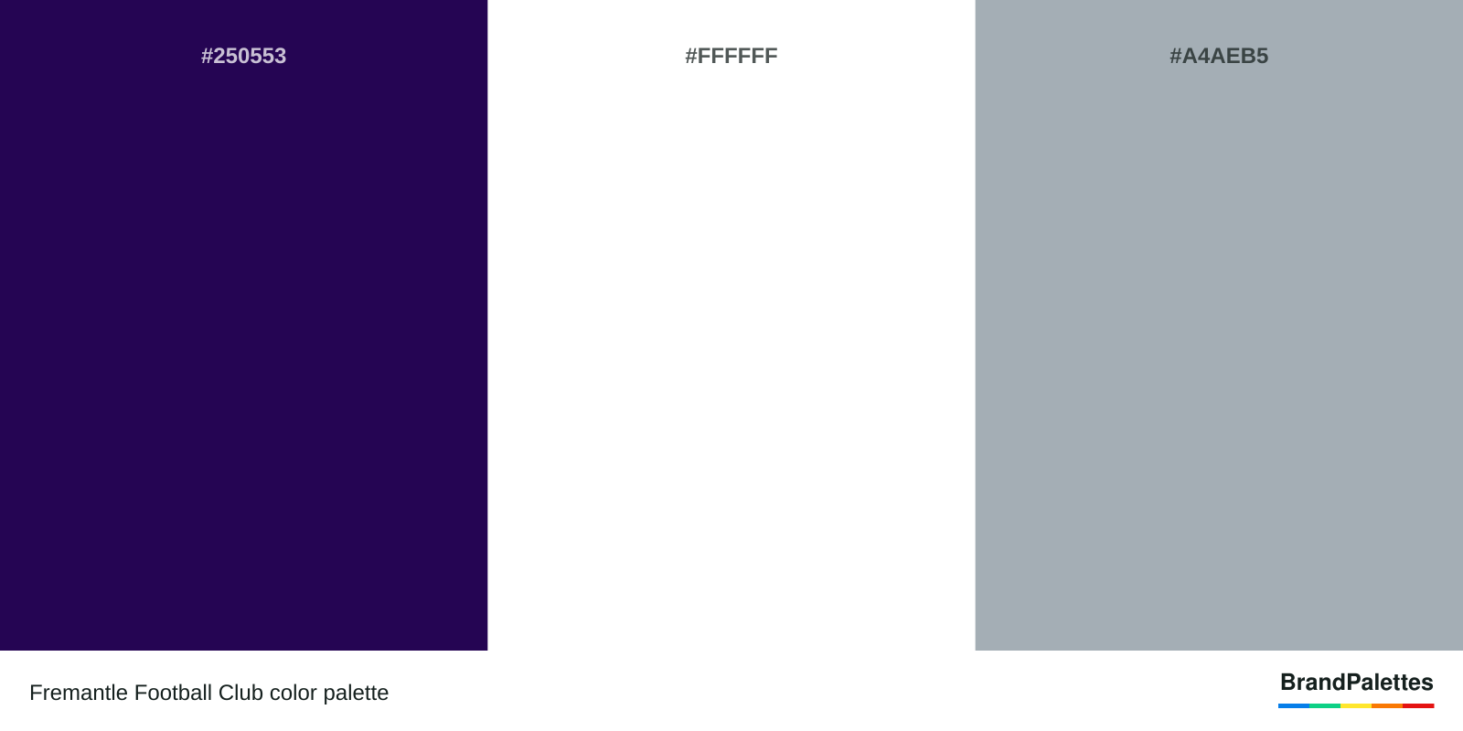 Fremantle Football Club color palette with Russian Violet #250553, White #FFFFFF, Metallic Silver #A4AEB5