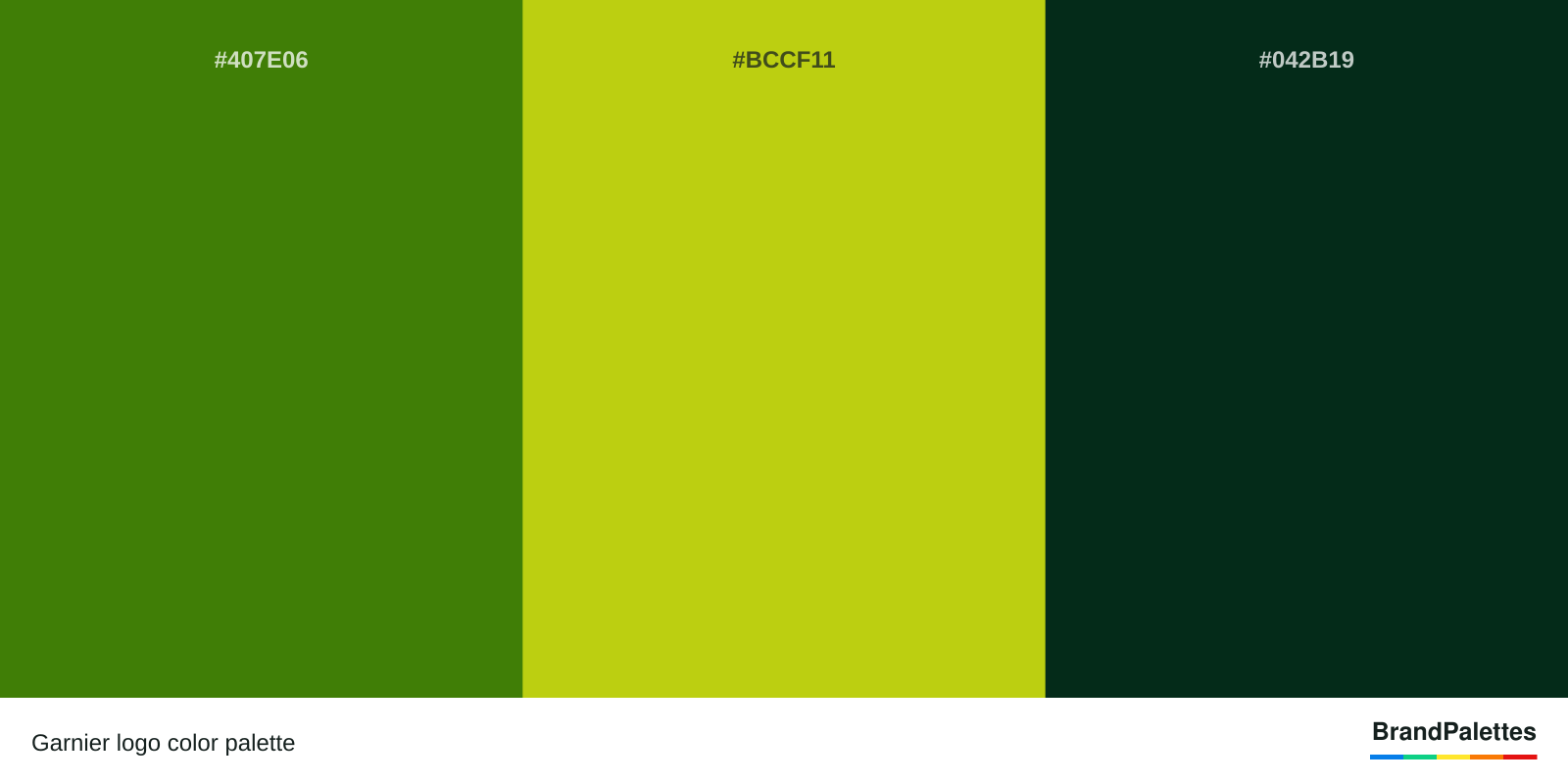 Garnier color palette with Avocado #407E06, Acid Green #BCCF11, Dark Green #042B19