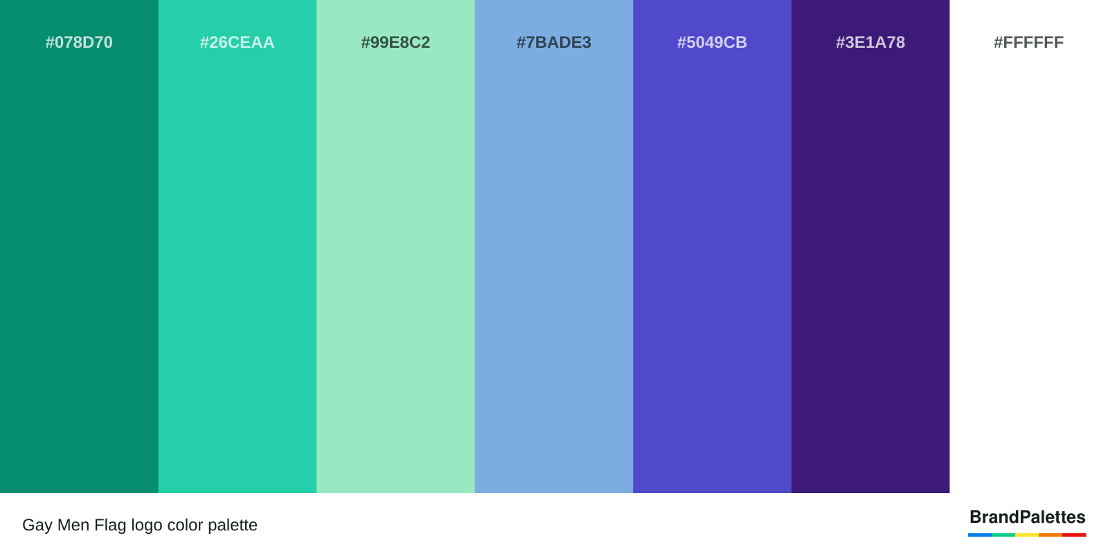 Gay Men Flag color palette with Dark Green #078D70, Green #26CEAA, Light Green #99E8C2, Light Blue #7BADE3, Blue #5049CB, Purple #3E1A78, White #FFFFFF