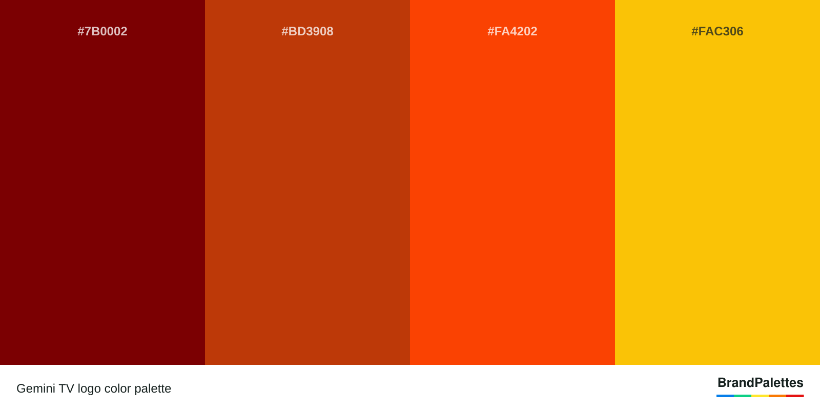 Gemini TV color palette with Maroon #7B0002, Mahogany #BD3908, Red-Orange #FA4202, Golden Poppy #FAC306