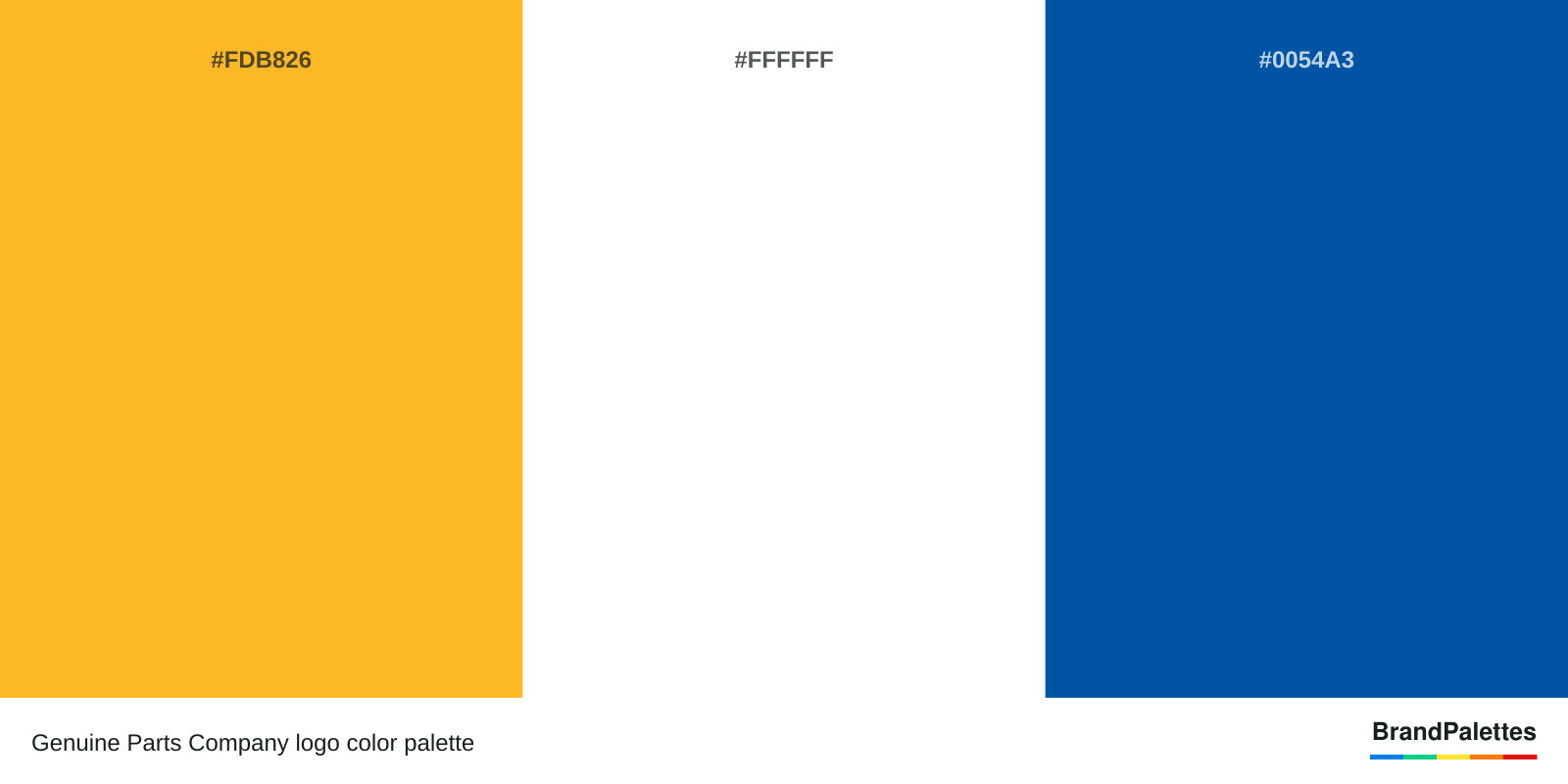 Genuine Parts Company color palette with Ripe Mango #FDB826, White #FFFFFF, Usafa Blue #0054A3