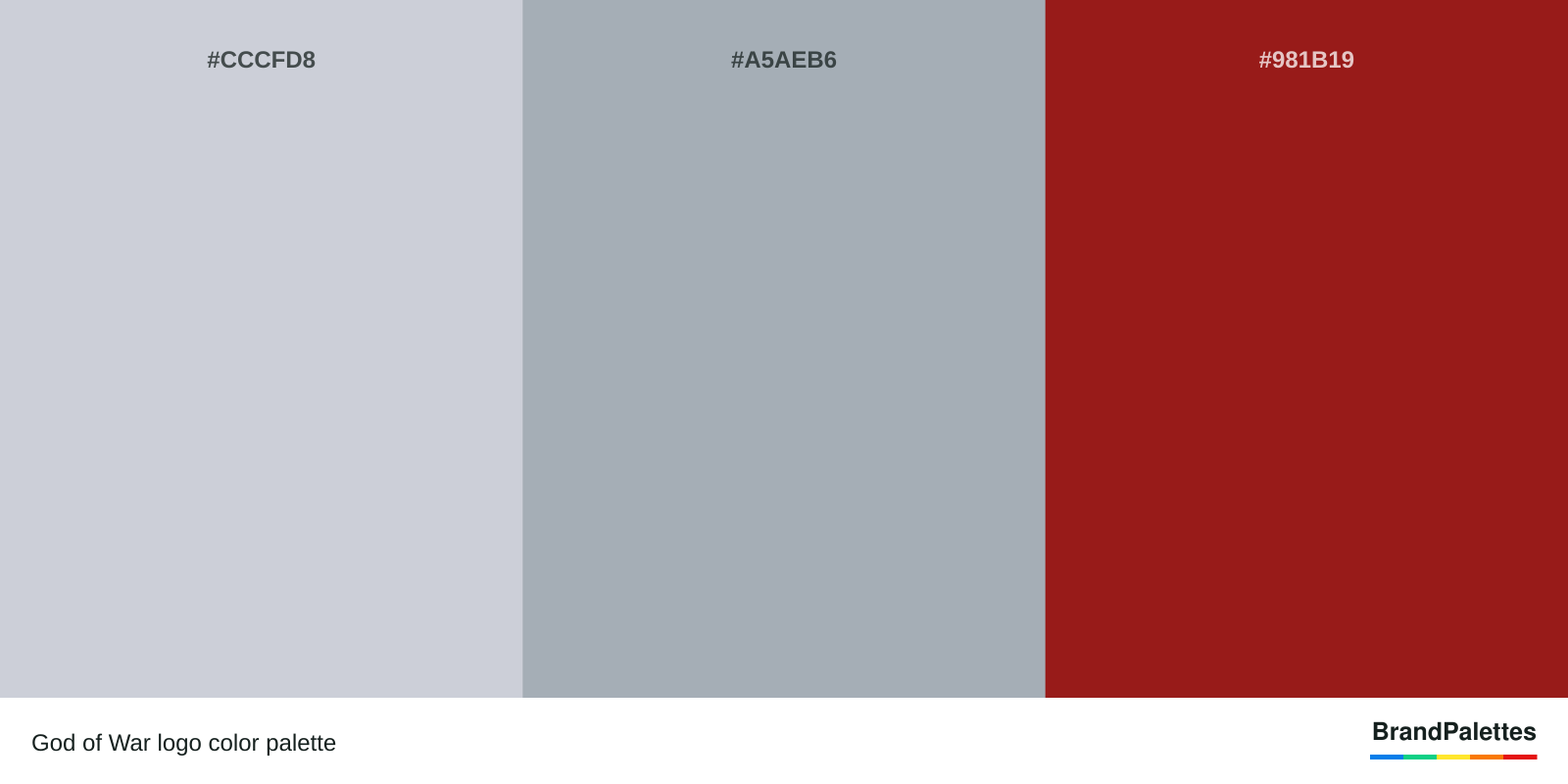 God of War color palette with Grey #CCCFD8, Dark Grey #A5AEB6, Red #981B19