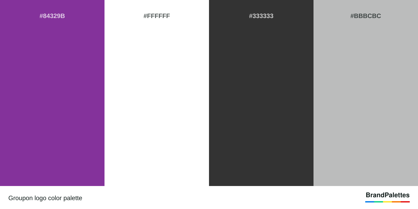 Groupon color palette with Green #84329B, White #FFFFFF, Black #333333, Gray #BBBCBC