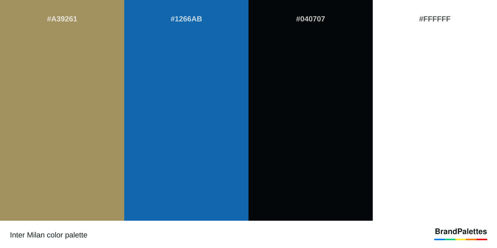 Inter Milan color palette with Light Taupe #A39261, Green-Blue #1266AB, Vampire Black #040707, White #FFFFFF