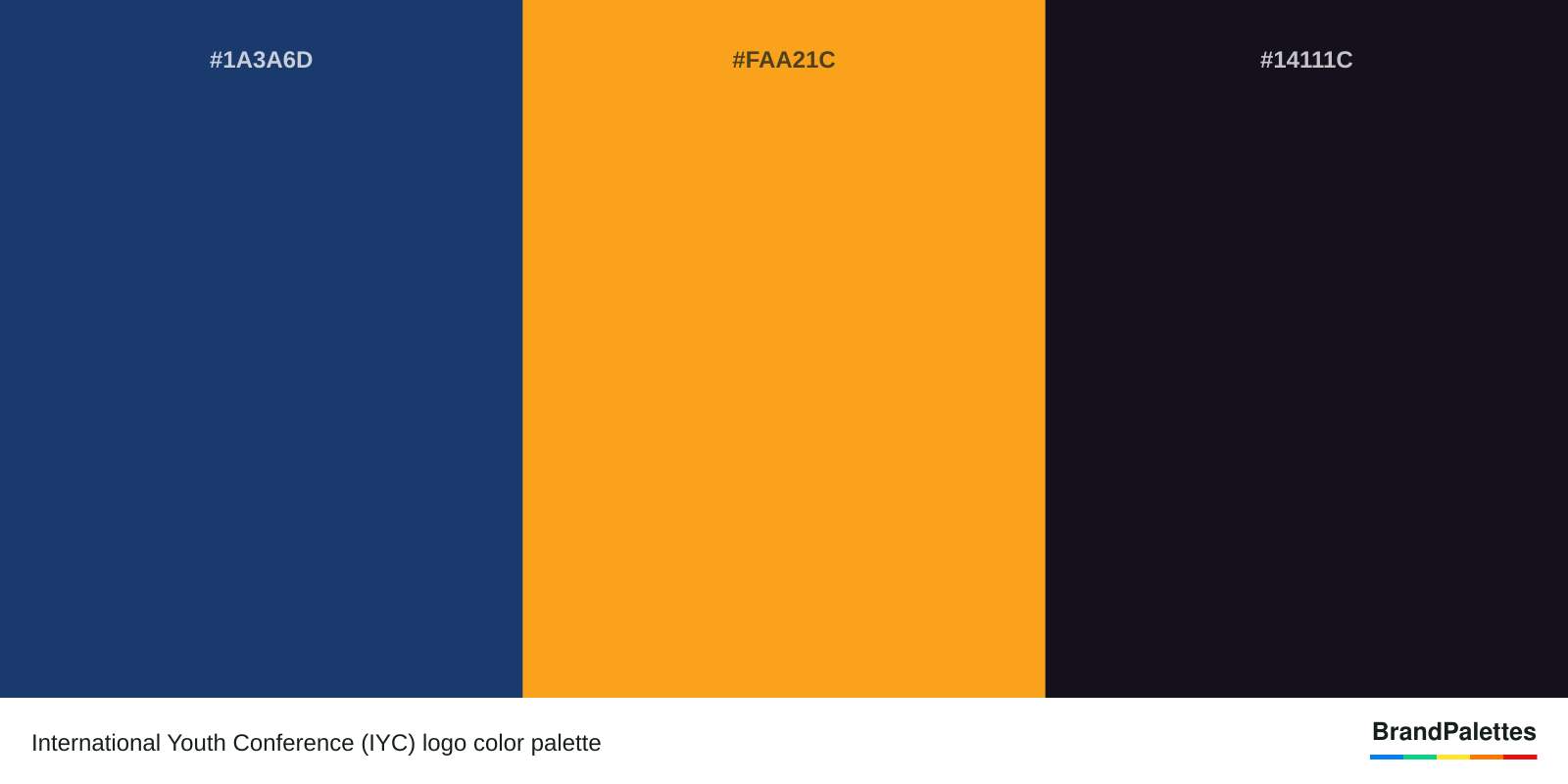 International Youth Conference (IYC) color palette with Rainbow Indigo #1A3A6D, Crayola’S Bright Yellow #FAA21C, Chinese Black #14111C
