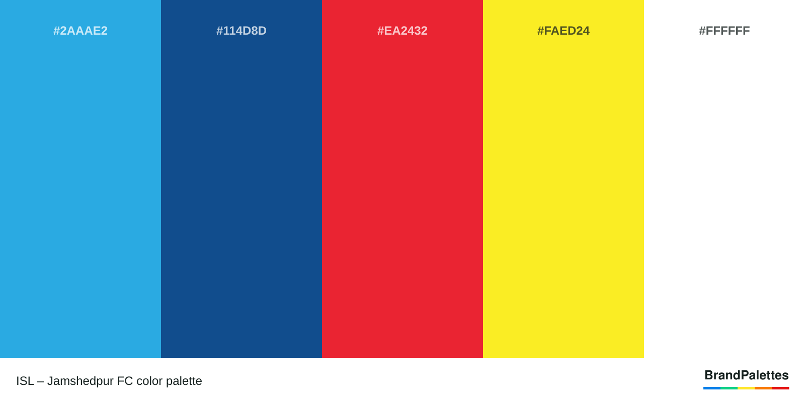 ISL – Jamshedpur FC color palette with Button Blue #2AAAE2, Yale Blue #114D8D, Alizarin Crimson #EA2432, Dandelion #FAED24, White #FFFFFF