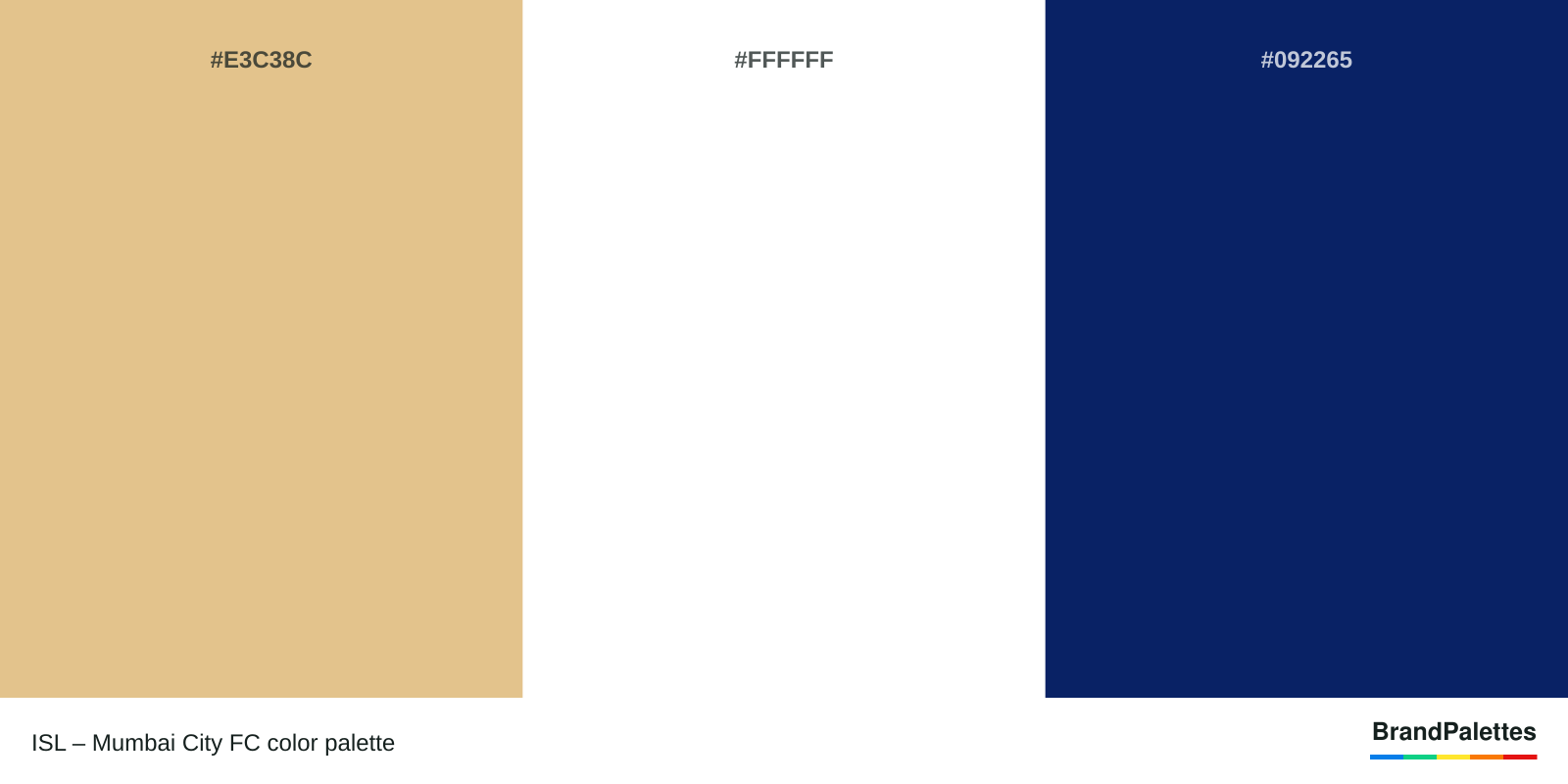 ISL – Mumbai City FC color palette with Crayola’S Gold #E3C38C, White #FFFFFF, Cool Black #092265