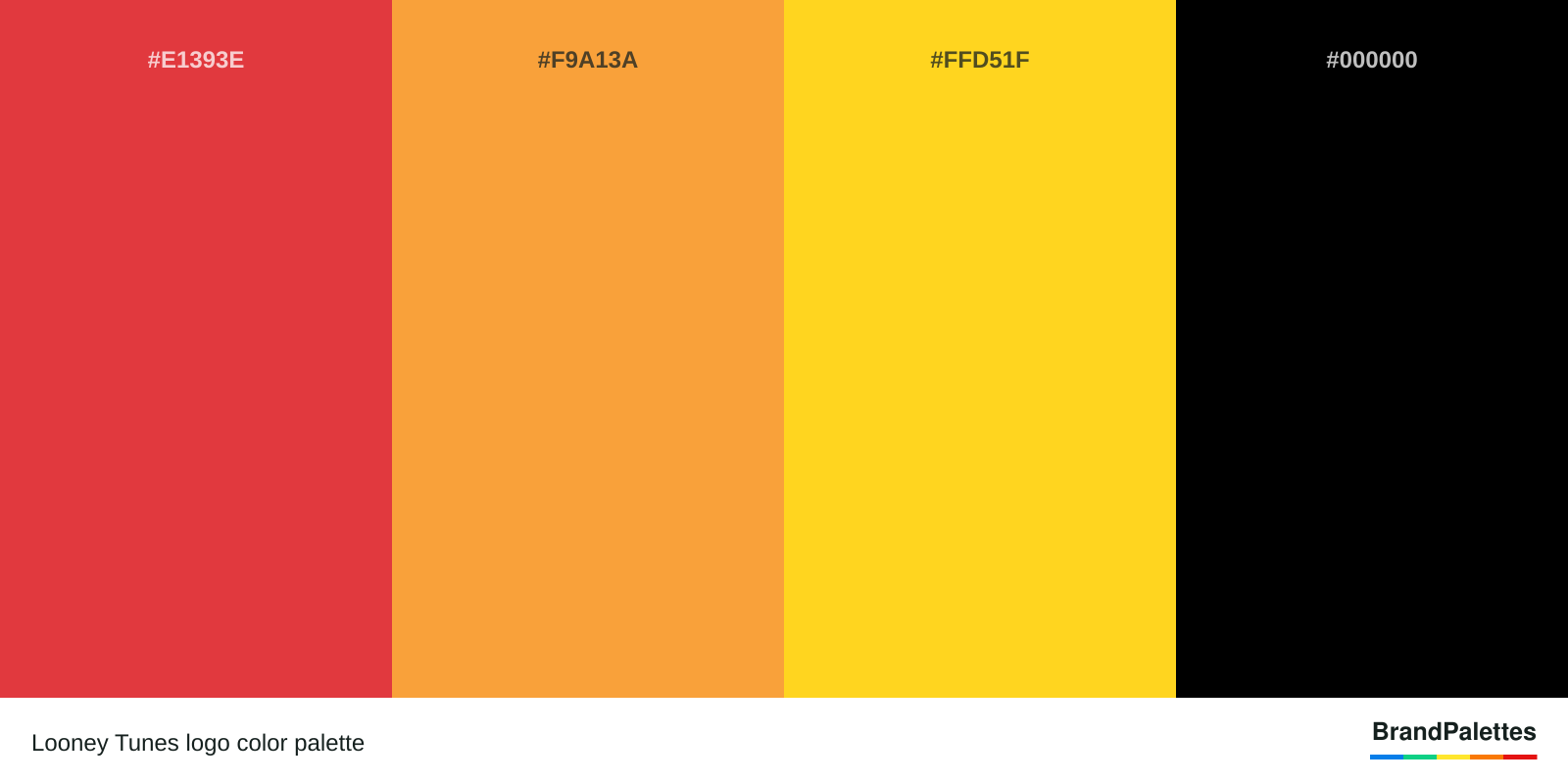 Looney Tunes color palette with Red #E1393E, Orange #F9A13A, Yellow #FFD51F, Black #000000