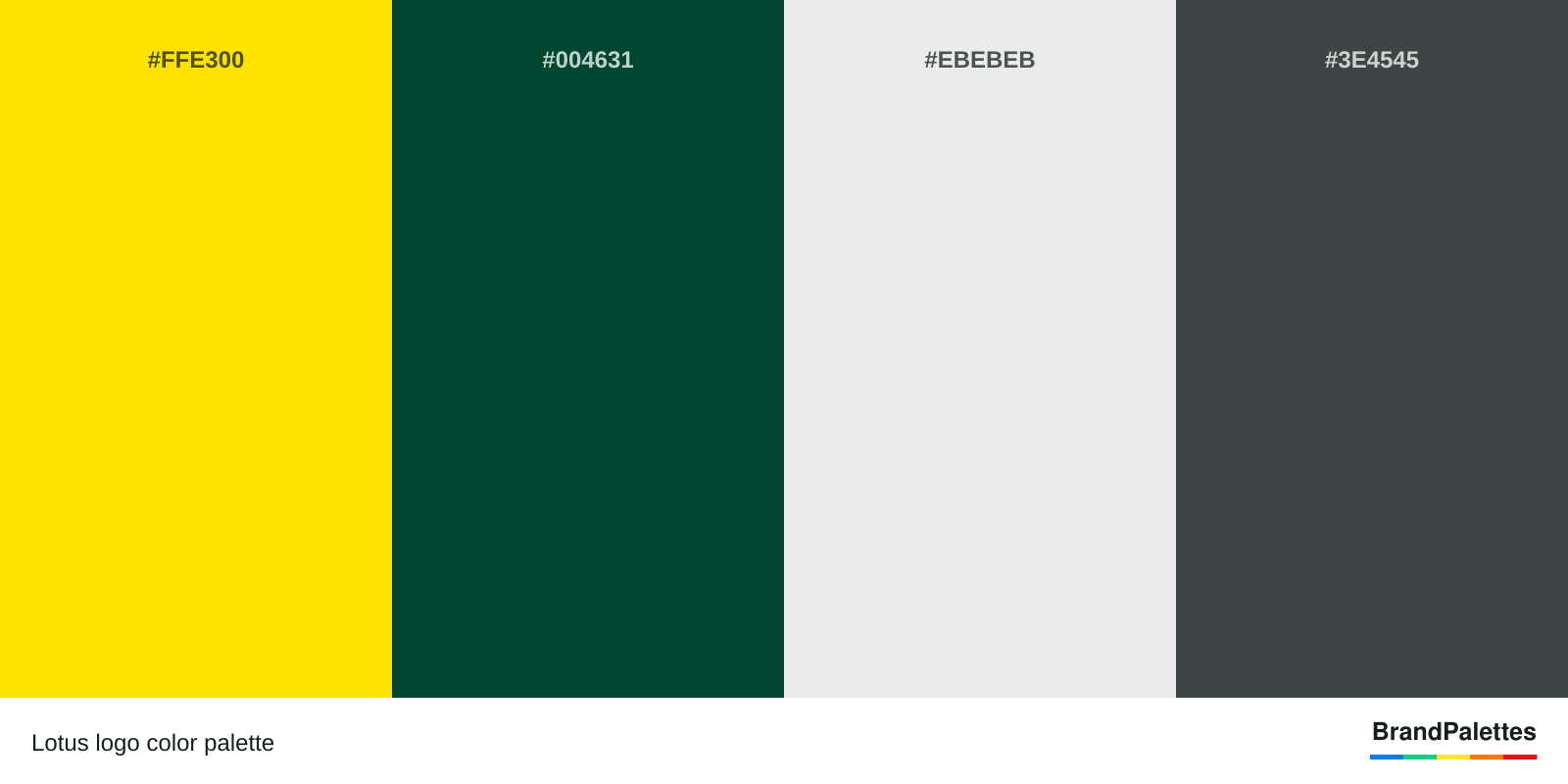Lotus color palette with Yellow #FFE300, Dark Green #004631, Grey #EBEBEB, Dark Grey #3E4545