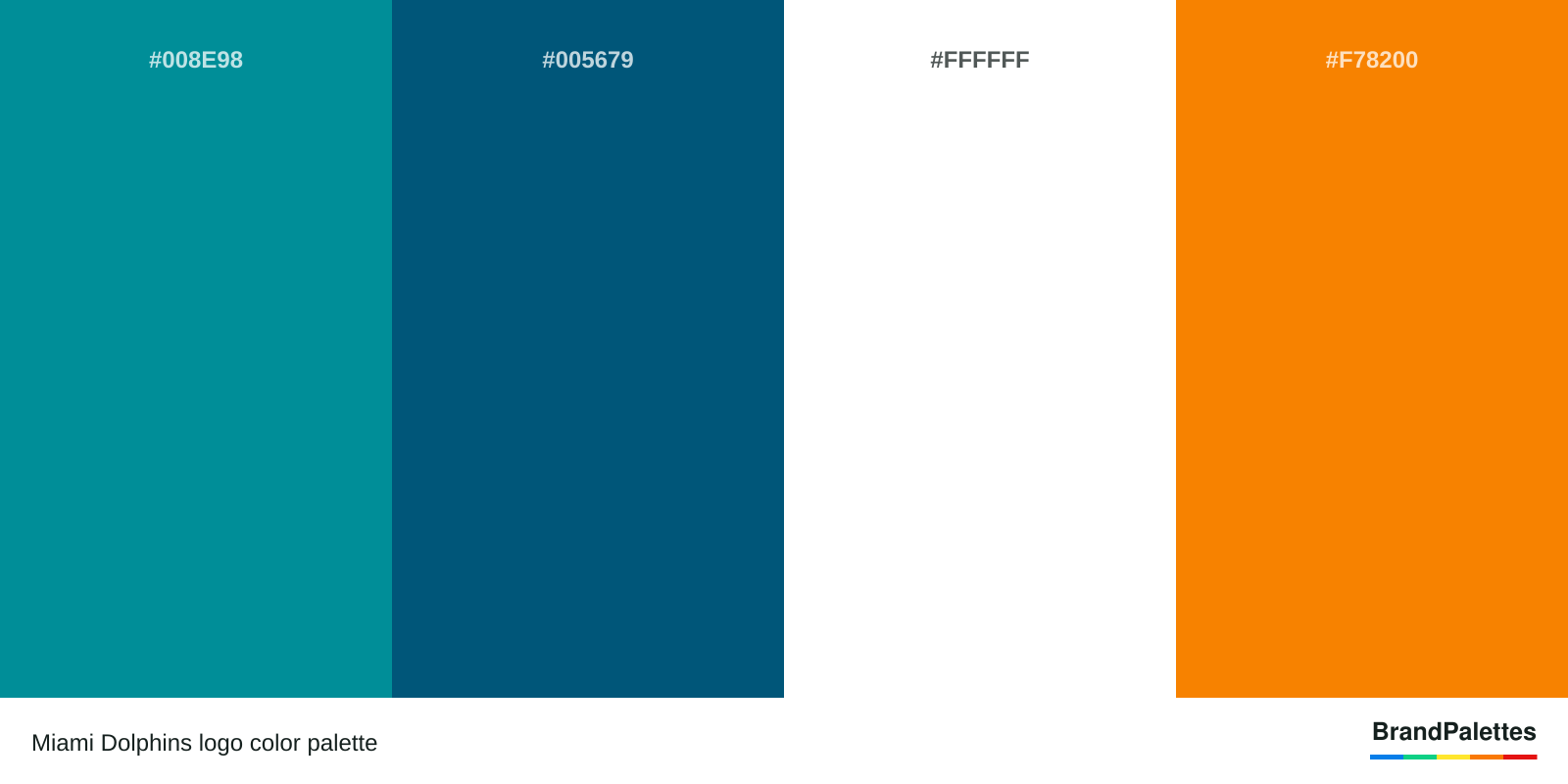 Miami Dolphins color palette with Viridian Green #008E98, Dark Cerulean #005679, White #FFFFFF, University Of Tennessee Orange #F78200