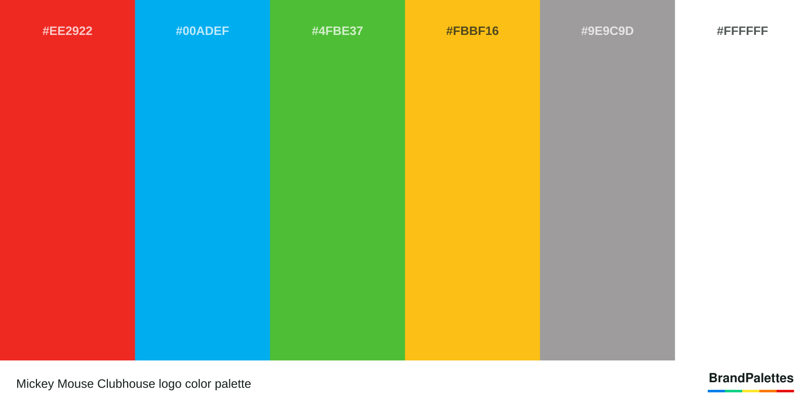 Mickey Mouse Clubhouse color palette with Red #EE2922, Blue #00ADEF, Green #4FBE37, Yellow #FBBF16, Gray #9E9C9D, White #FFFFFF
