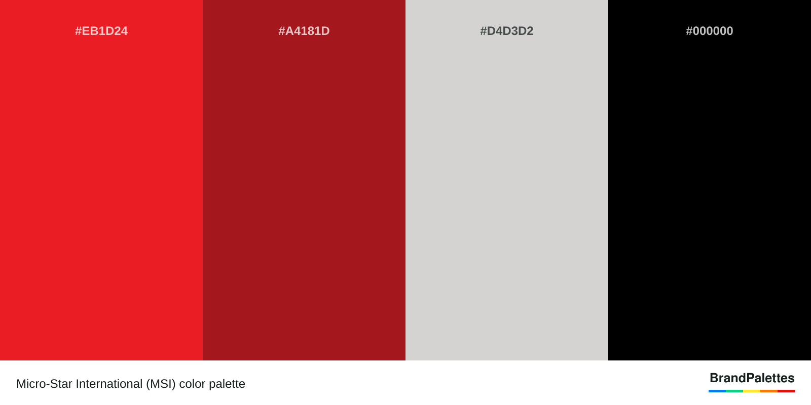 Micro-Star International (MSI) color palette with Pigment Red #EB1D24, Spartan Crimson #A4181D, Light Gray #D4D3D2, Black #000000