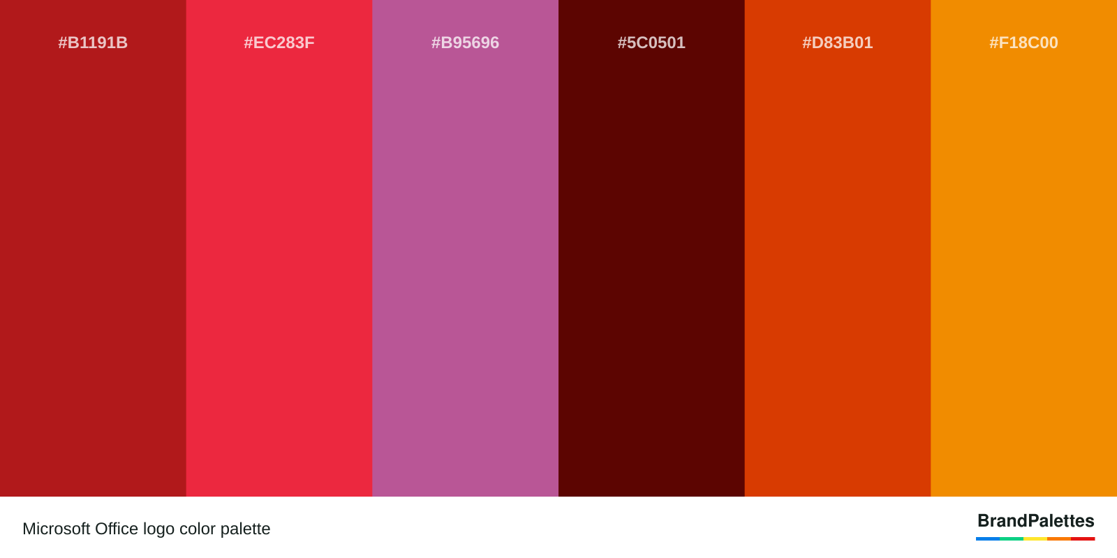 Microsoft Office color palette with Red #B1191B, Bright Red #EC283F, Pink #B95696, Maroon #5C0501, Orange #D83B01, Bright Orange #F18C00