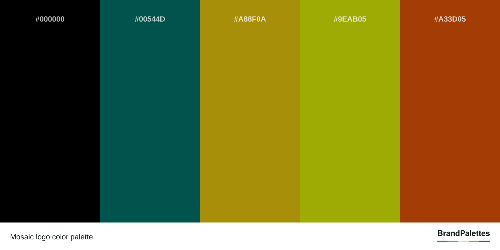 Mosaic color palette with Black #000000, Deep Jungle Green #00544D, Dark Yellow #A88F0A, Apple Green #9EAB05, Brown #A33D05