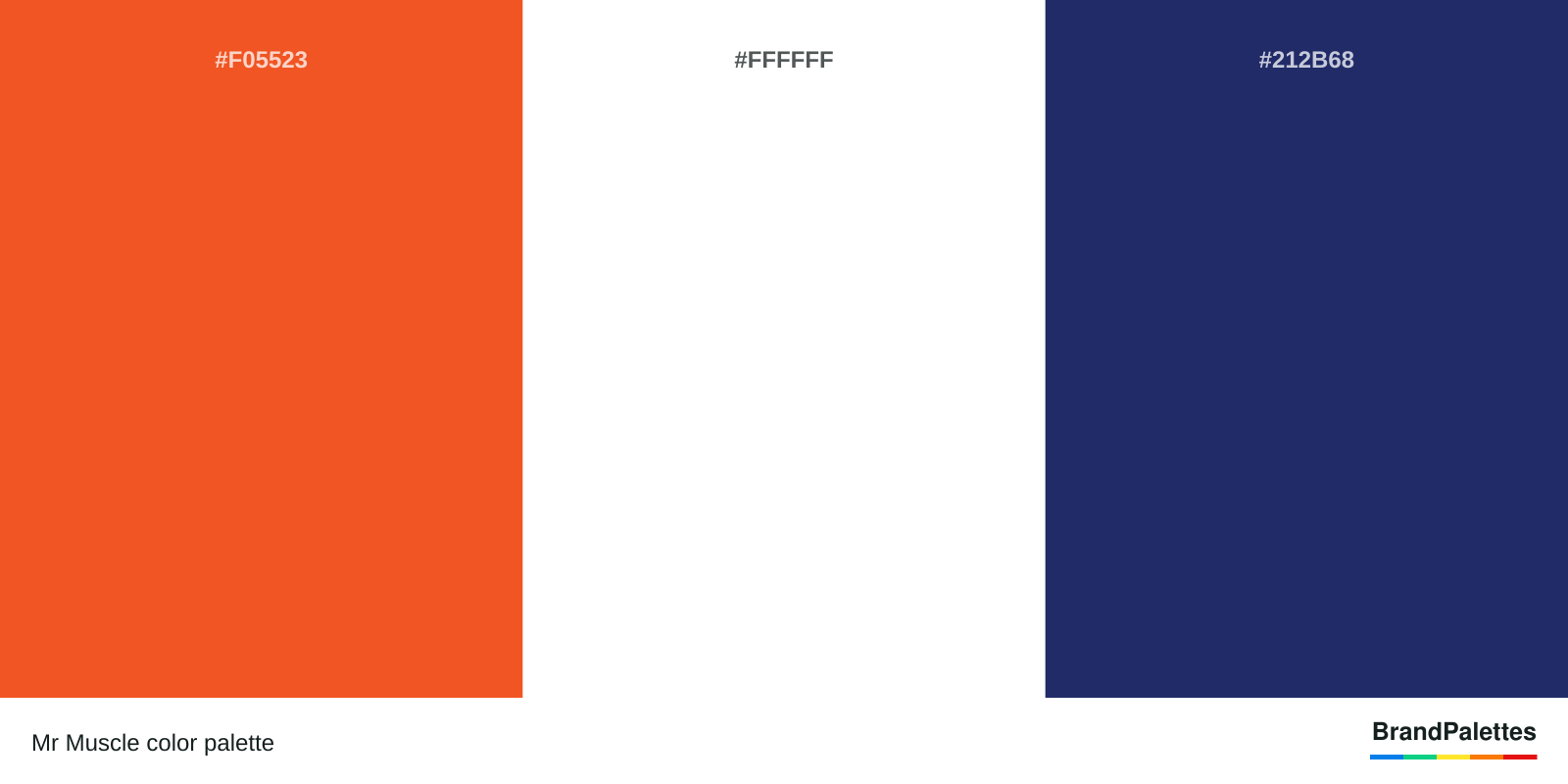Mr Muscle color palette with Halloween Orange #F05523, White #FFFFFF, Rainbow Indigo #212B68