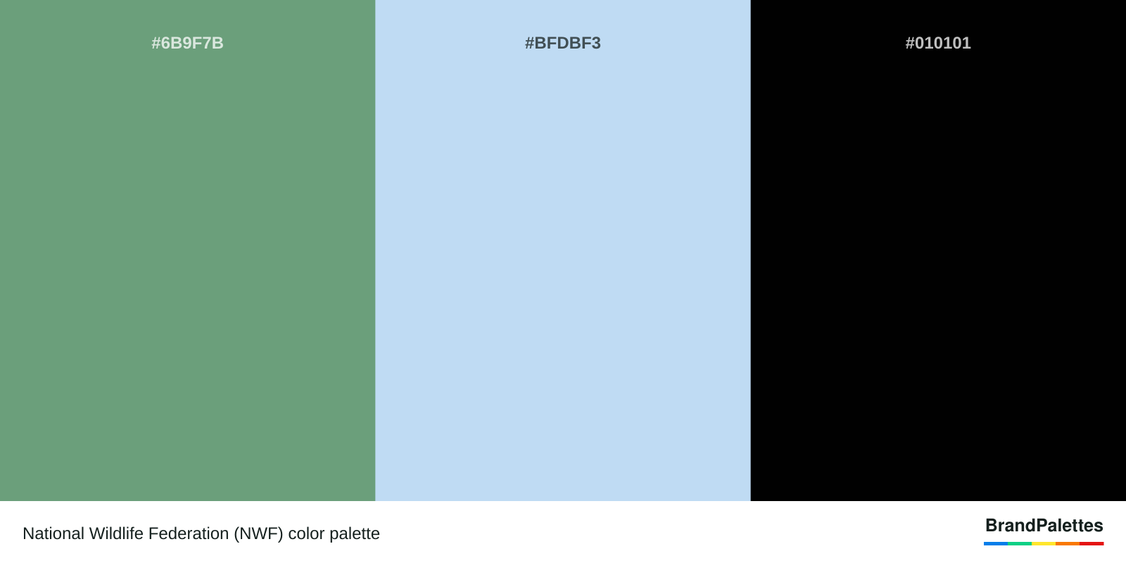 National Wildlife Federation (NWF) color palette with Oxley #6B9F7B, Beau Blue #BFDBF3, Black #010101