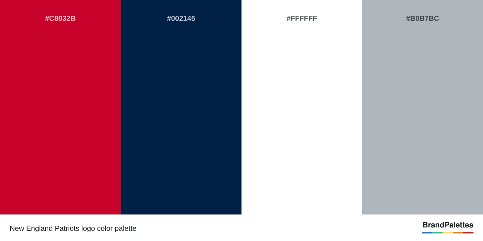 New England Patriots color palette with Ncs Red #C8032B, Oxford Blue #002145, White #FFFFFF, Ash Gray #B0B7BC