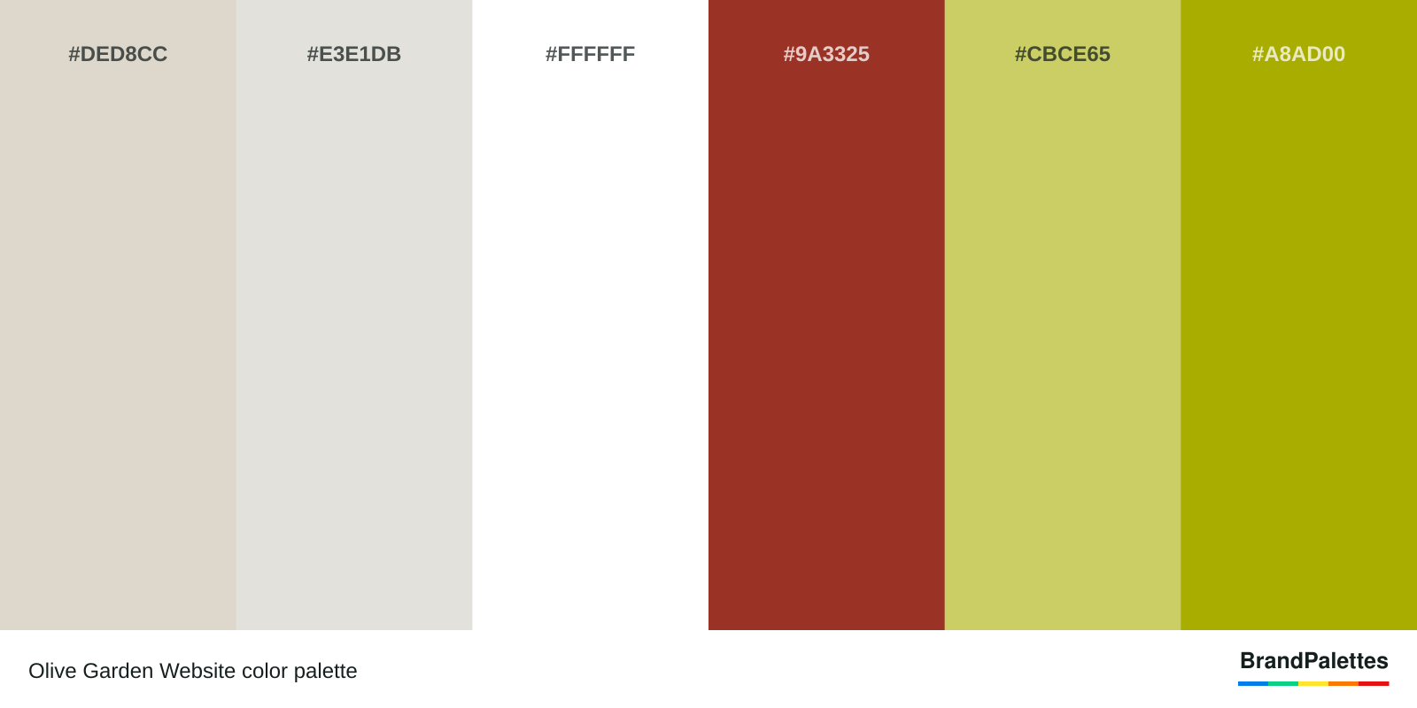Olive Garden Website color palette with Bone #DED8CC, Chinese White #E3E1DB, White #FFFFFF, Deep Dumpling #9A3325, Chinese Green #CBCE65, Light Gold #A8AD00