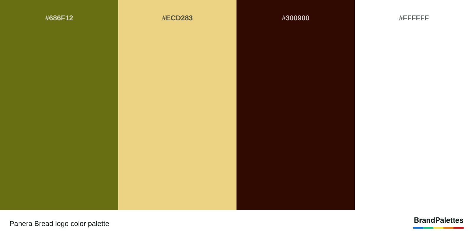 Panera Bread color palette with Green #686F12, Light Yellow #ECD283, Brown #300900, White #FFFFFF