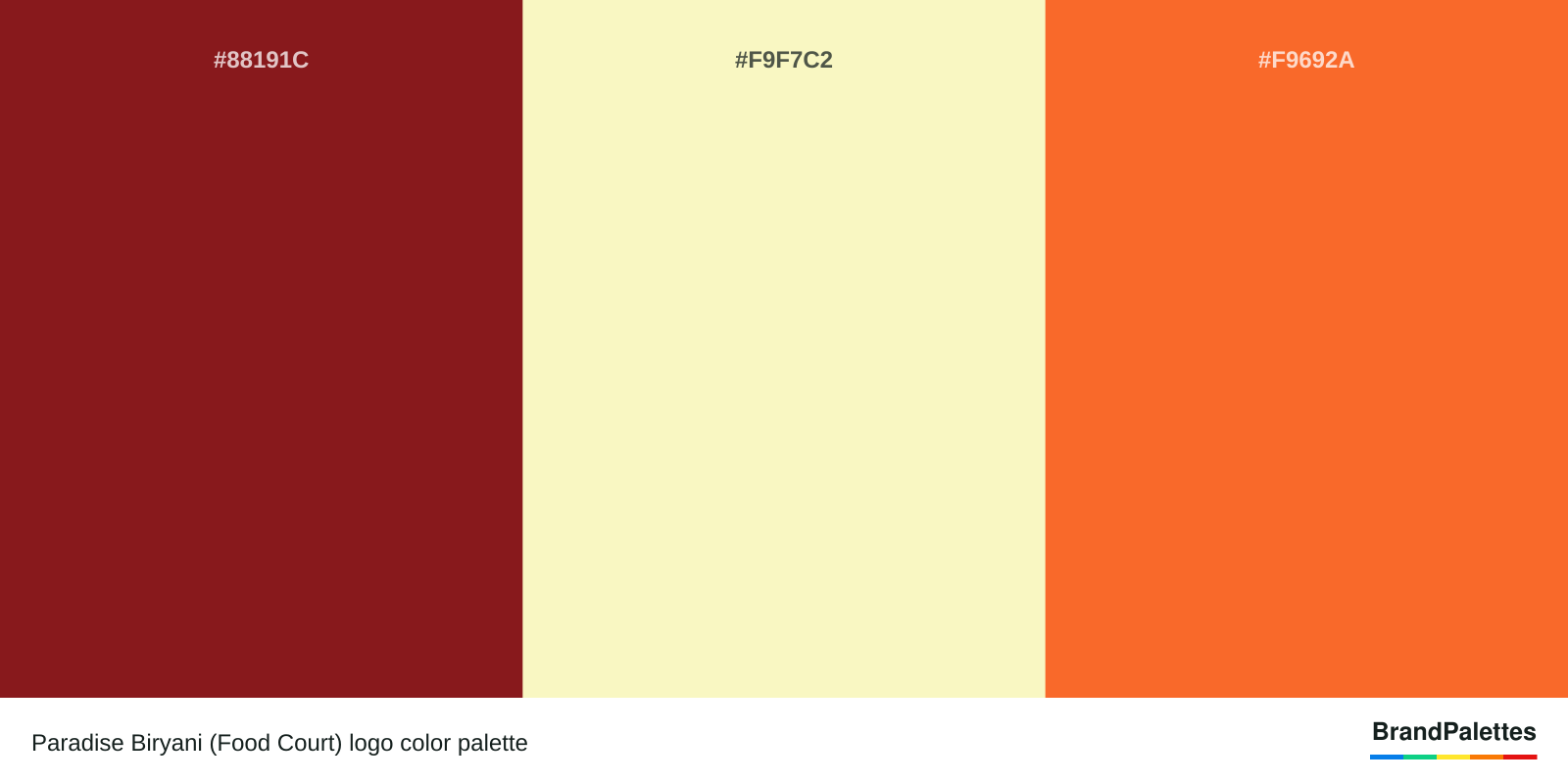 Paradise Biryani (Food Court) color palette with Falu Red #88191C, Blond #F9F7C2, Orange-Red #F9692A