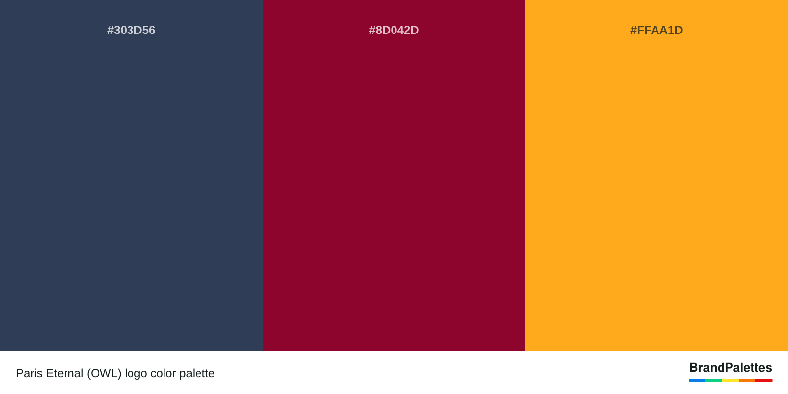Paris Eternal (OWL) color palette with Charcoal #303D56, Pink Raspberry #8D042D, Crayola’S Bright Yellow #FFAA1D