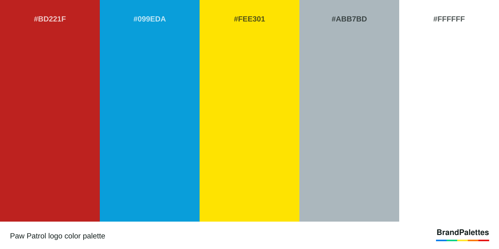 Paw Patrol color palette with Red #BD221F, Blue #099EDA, Yellow #FEE301, Silver #ABB7BD, White #FFFFFF