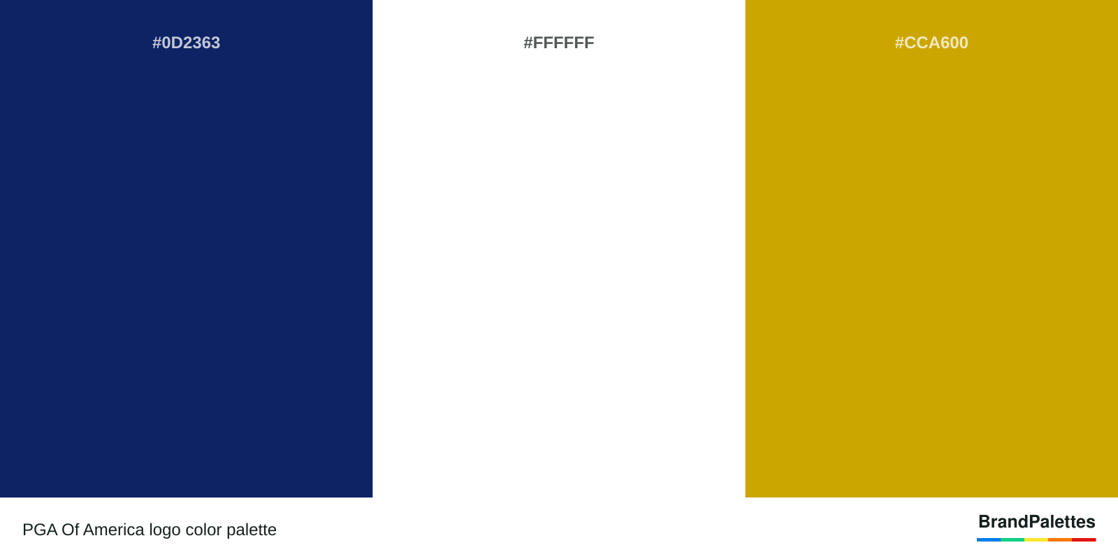 PGA Of America color palette with Cool Black #0D2363, White #FFFFFF, Chinese Gold #CCA600