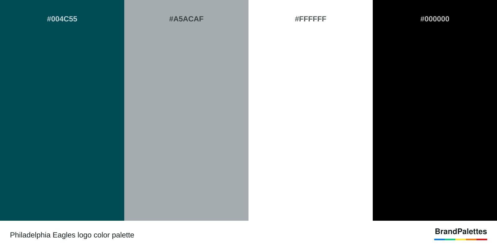 Philadelphia Eagles color palette with Midnight Green #004C55, Metallic Silver #A5ACAF, White #FFFFFF, Black #000000