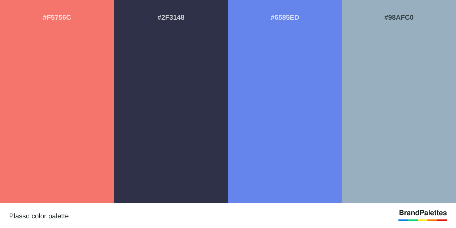 Plasso color palette with Coral Reef #F5756C, Crayola’S Outer Space #2F3148, Cornflower Blue #6585ED, Pewter Blue #98AFC0