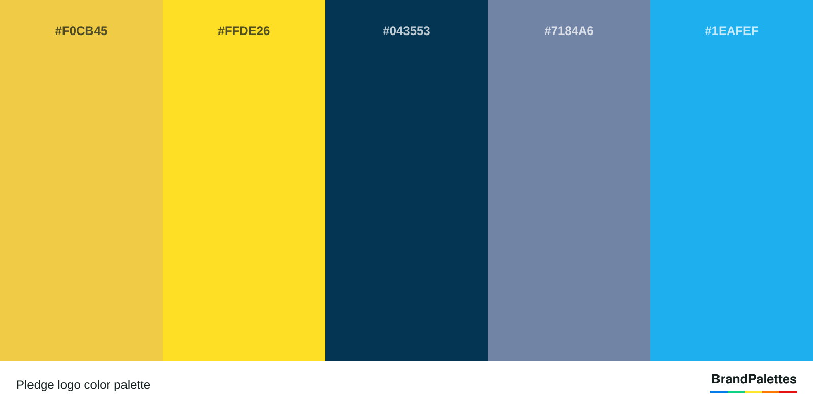 Pledge color palette with Crayola’S Maize #F0CB45, Banana Yellow #FFDE26, Prussian Blue #043553, Shadow Blue #7184A6, Button Blue #1EAFEF