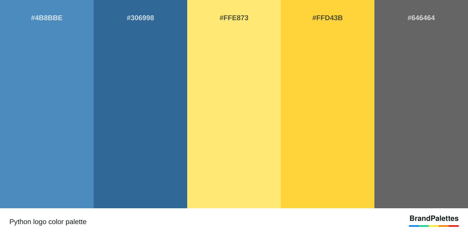 Python color palette with Cyan-Blue Azure #4B8BBE, Lapis Lazuli #306998, Shandy #FFE873, Sunglow #FFD43B, Granite Gray #646464