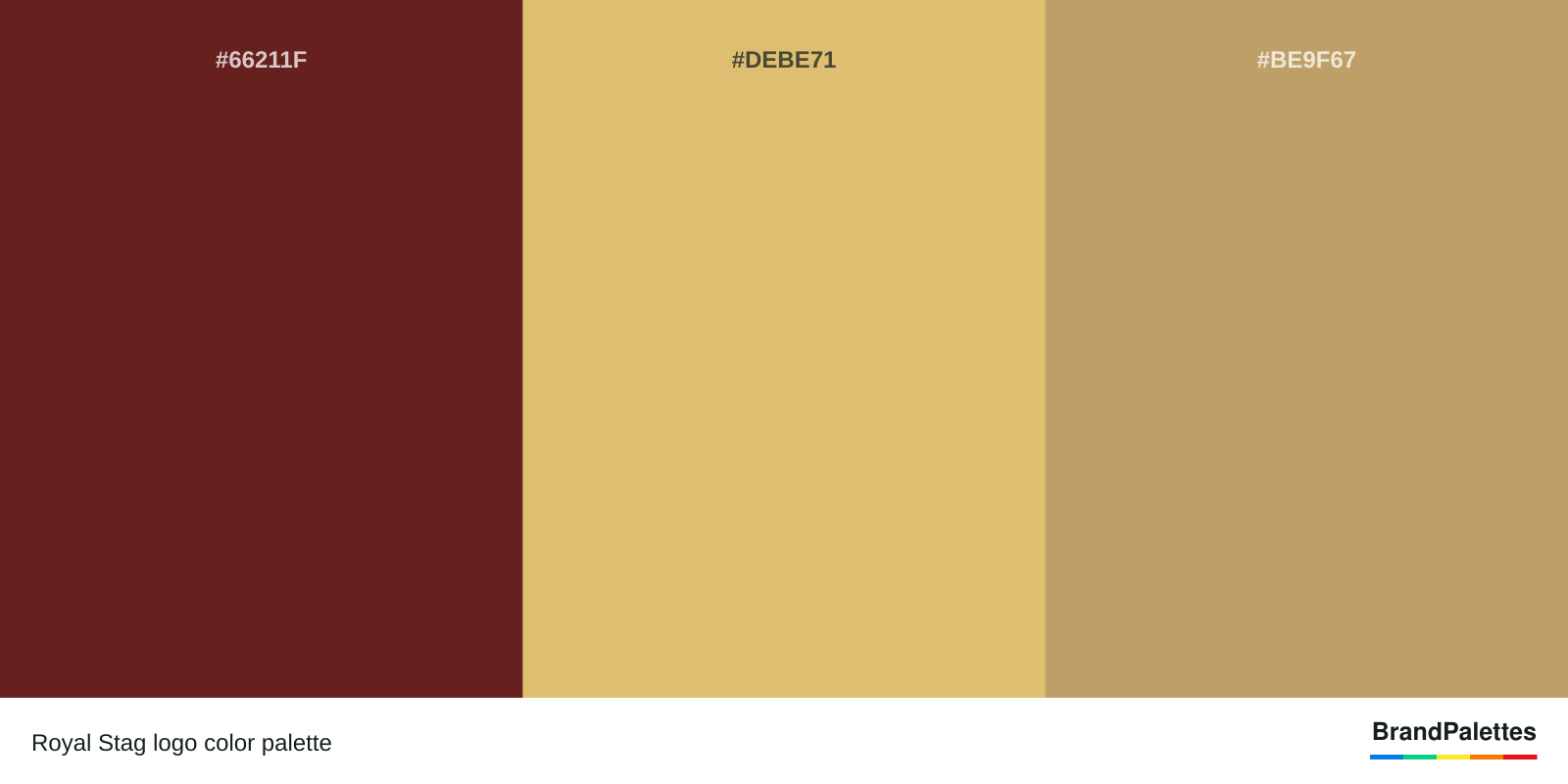 Royal Stag color palette with Persian Plum #66211F, Middle Yellow Red #DEBE71, Camel #BE9F67