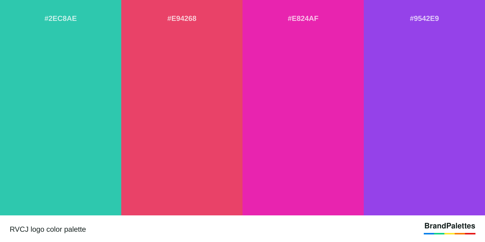 RVCJ color palette with Maximum Blue Green #2EC8AE, Paradise Pink #E94268, Frostbite #E824AF, Lavender Indigo #9542E9
