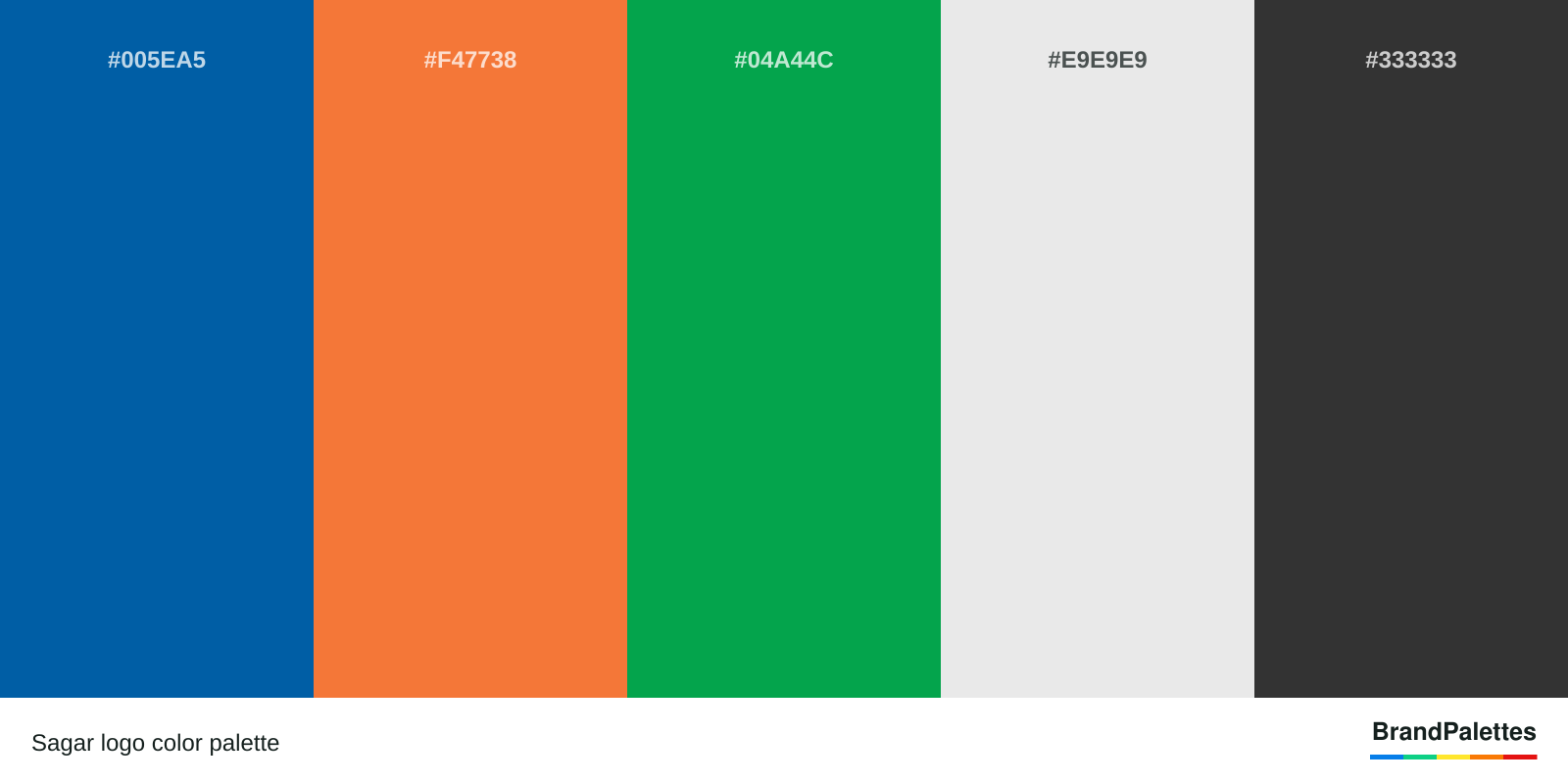 Sagar color palette with Medium Persian Blue #005EA5, Crayola’S Orange #F47738, Pigment Green #04A44C, Bright Gray #E9E9E9, Dark Charcoal #333333
