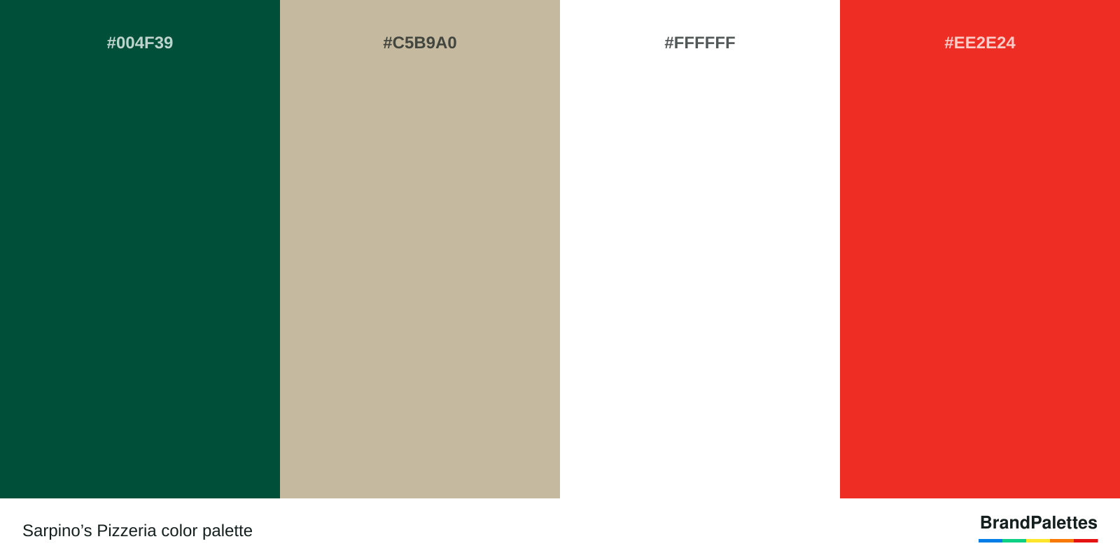 Sarpino’s Pizzeria color palette with Castleton Green #004F39, Dark Vanilla #C5B9A0, White #FFFFFF, Permanent Geranium Lake #EE2E24