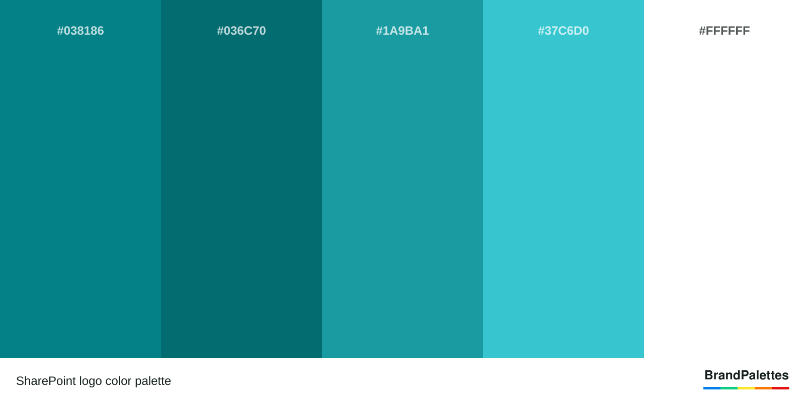 SharePoint color palette with Sharepoint Teal #038186, Dark Teal #036C70, Teal #1A9BA1, Turquoise #37C6D0, White #FFFFFF