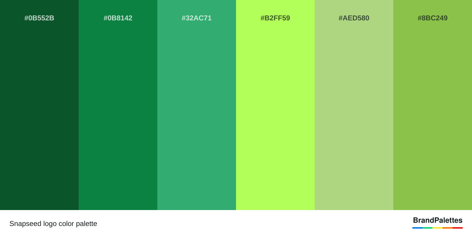 Snapseed color palette with Cal Poly Pomona Green #0B552B, Philippine Green #0B8142, Medium Sea Green #32AC71, Inchworm #B2FF59, Crayola Yellow-Green #AED580, Dollar Bill #8BC249