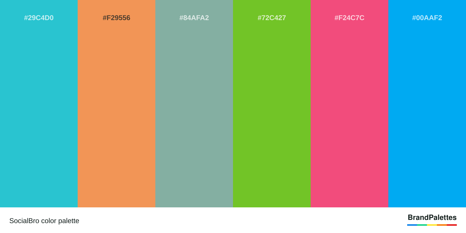 SocialBro color palette with Maximum Blue Green #29C4D0, Big Foot Feet #F29556, Morning Blue #84AFA2, Ryb Green #72C427, Dark Pink #F24C7C, Vivid Cerulean #00AAF2