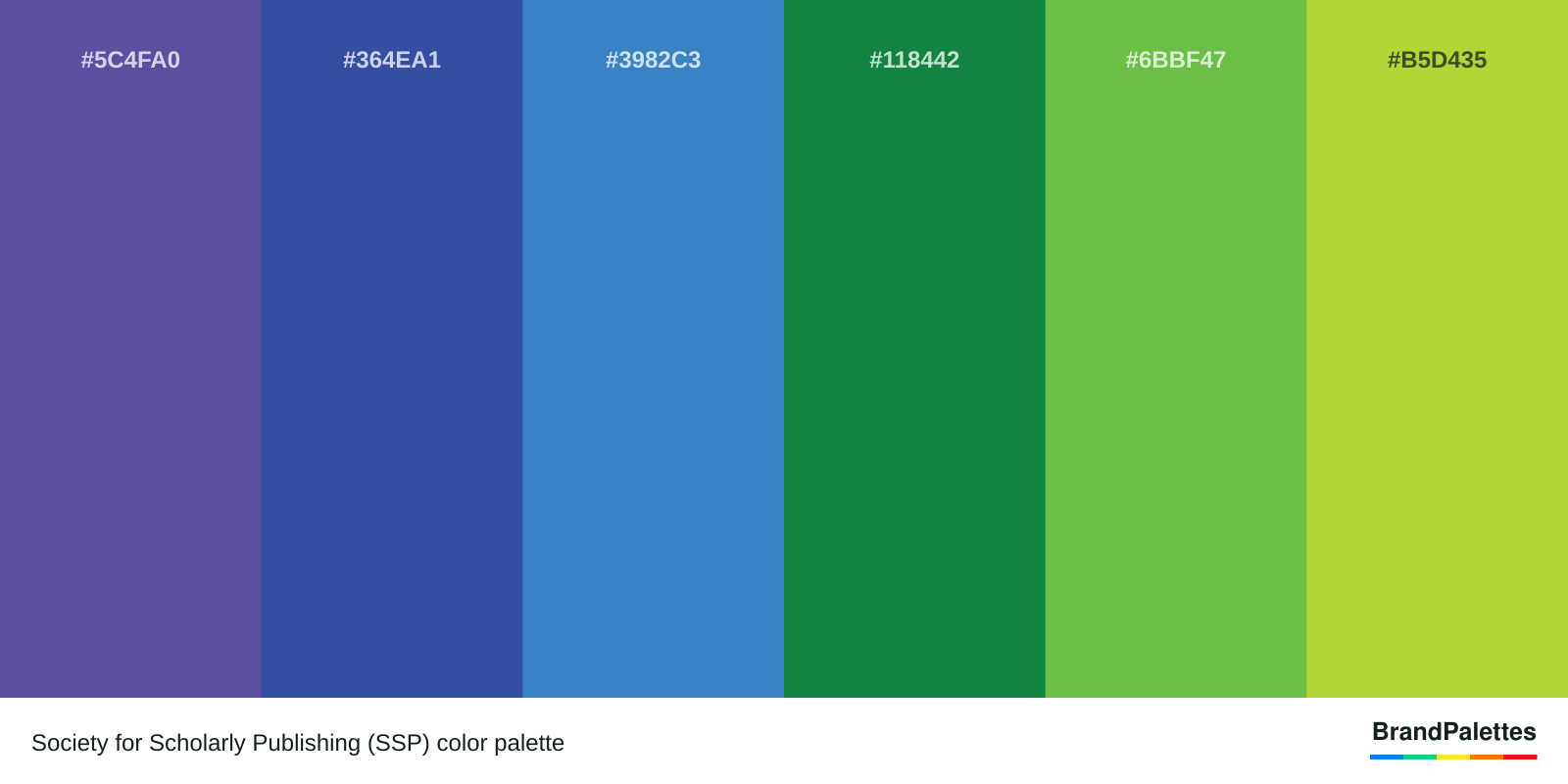 Society for Scholarly Publishing (SSP) color palette with Liberty #5C4FA0, Chinese Blue #364EA1, Cyan-Blue Azure #3982C3, Salem #118442, Apple #6BBF47, Android Green #B5D435