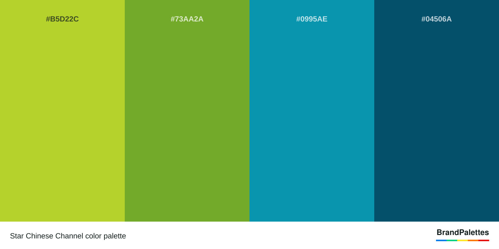 Star Chinese Channel color palette with Android Green #B5D22C, Ryb Green #73AA2A, Munsell Blue #0995AE, Ateneo Blue #04506A
