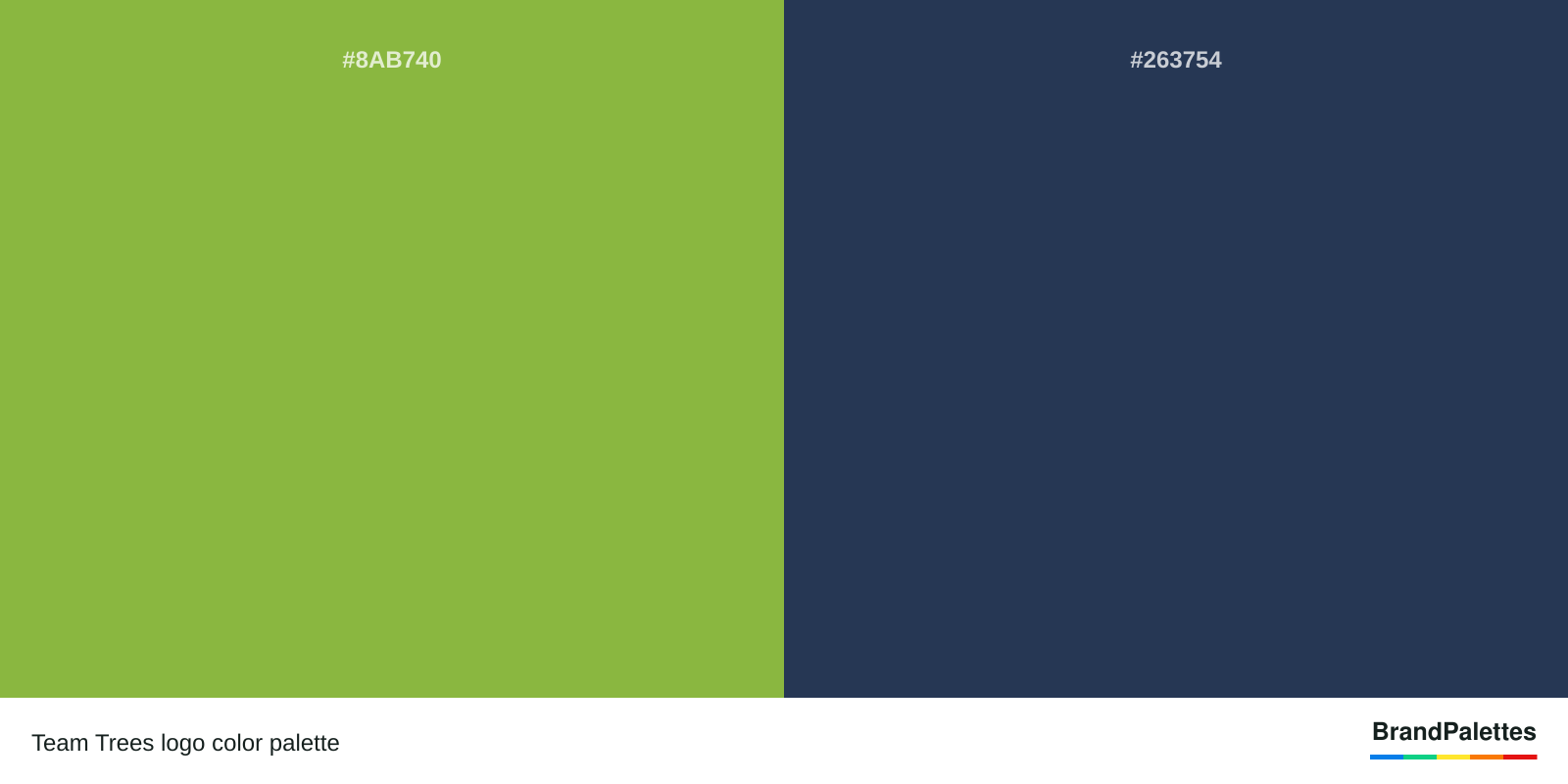 Team Trees color palette with Yellow-Green #8AB740, Space Cadet #263754