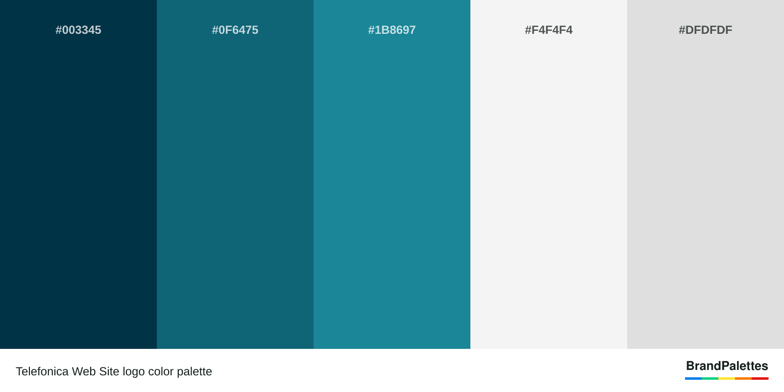 Telefonica Web Site color palette with Rich Black #003345, Blue Sapphire #0F6475, Metallic Seaweed #1B8697, Cultured #F4F4F4, Gainsboro #DFDFDF