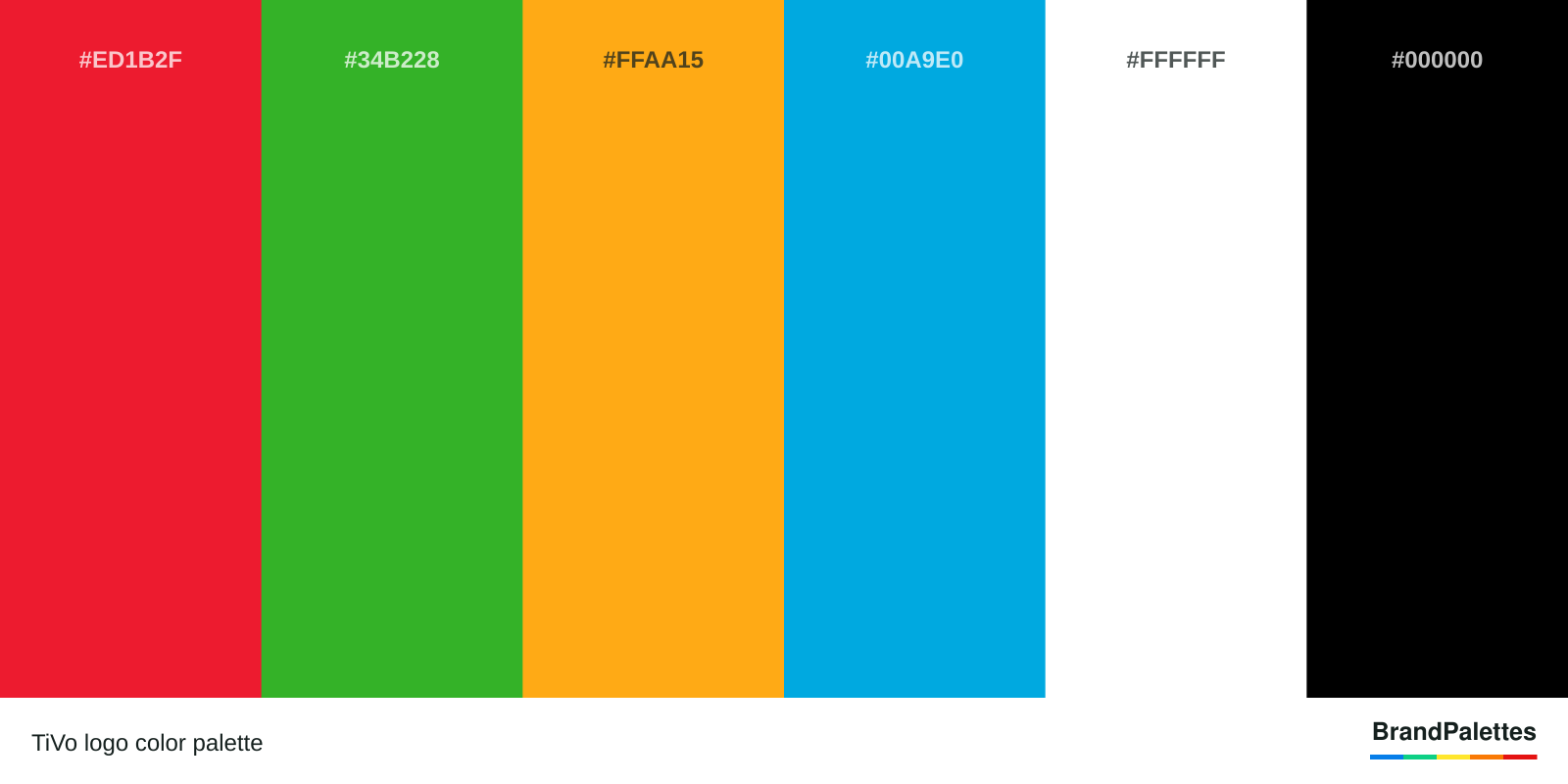 TiVo color palette with Pigment Red #ED1B2F, Wageningen Green #34B228, Dark Tangerine #FFAA15, Vivid Cerulean #00A9E0, White #FFFFFF, Black #000000