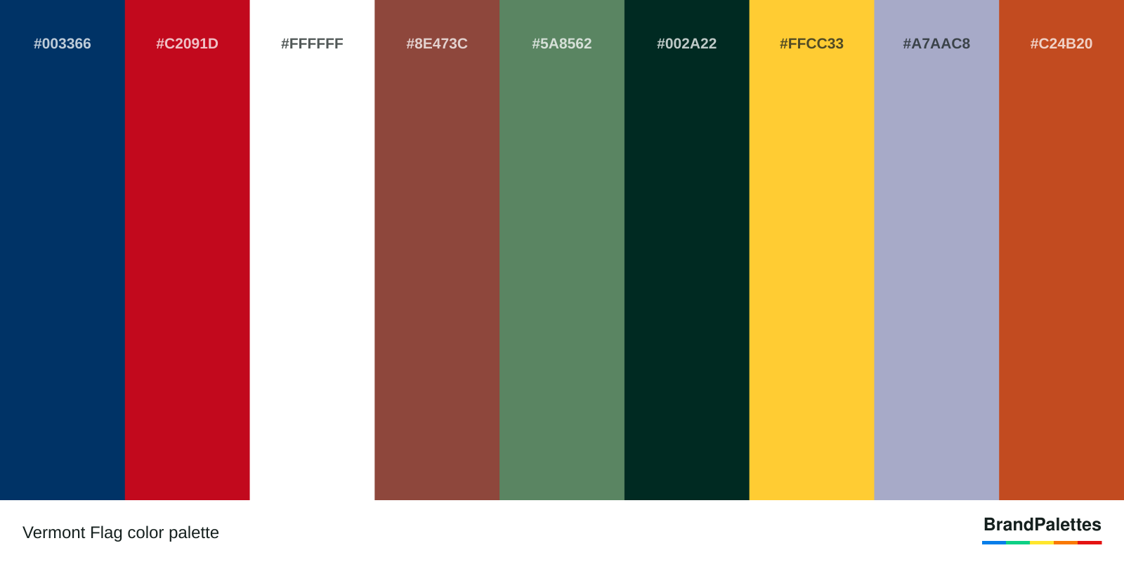 Vermont Flag color palette with Blue #003366, Red #C2091D, White #FFFFFF, Brown #8E473C, Light Green #5A8562, Dark Green #002A22, Yellow #FFCC33, Gray #A7AAC8, Orange #C24B20