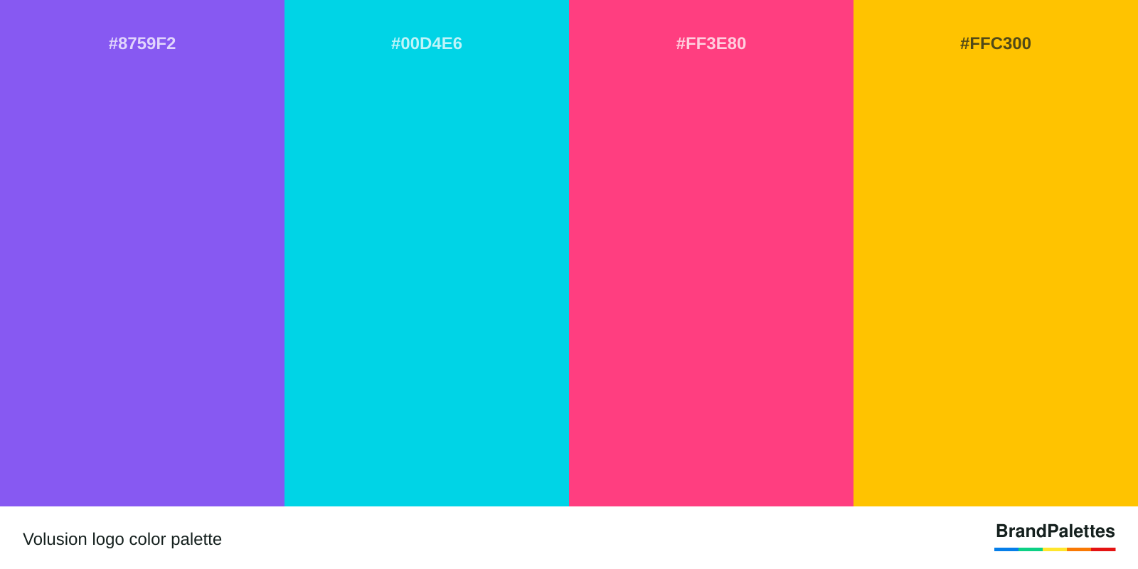 Volusion color palette with Violets Are Blue #8759F2, Dark Turquoise #00D4E6, Sasquatch Socks #FF3E80, Golden Poppy #FFC300