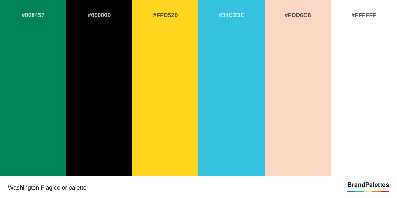 Washington Flag color palette with Green #008457, Black #000000, Yellow #FFD520, Blue #34C2DE, Beige #FDD6C6, White #FFFFFF