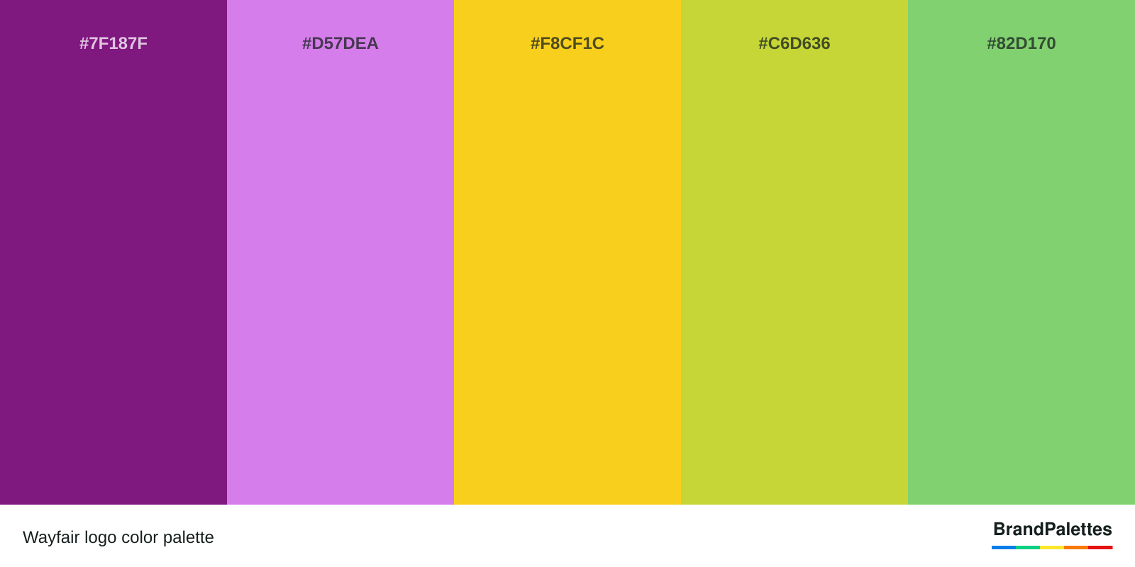 Wayfair color palette with Purple #7F187F, Pink #D57DEA, Yellow #F8CF1C, Yellow Green #C6D636, Green #82D170